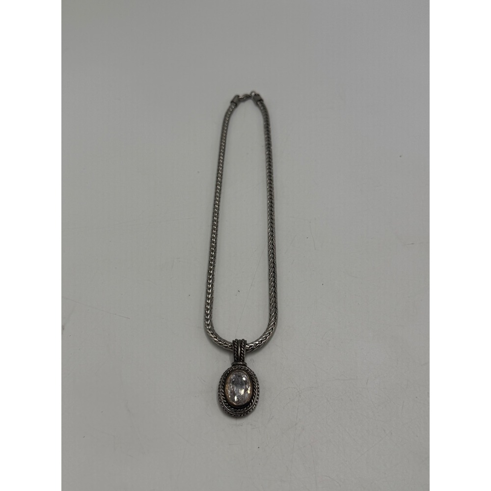 Silver Tone Wheat Chain Necklace Oval Clear Crystal Rope Border Pendant 18 Inch